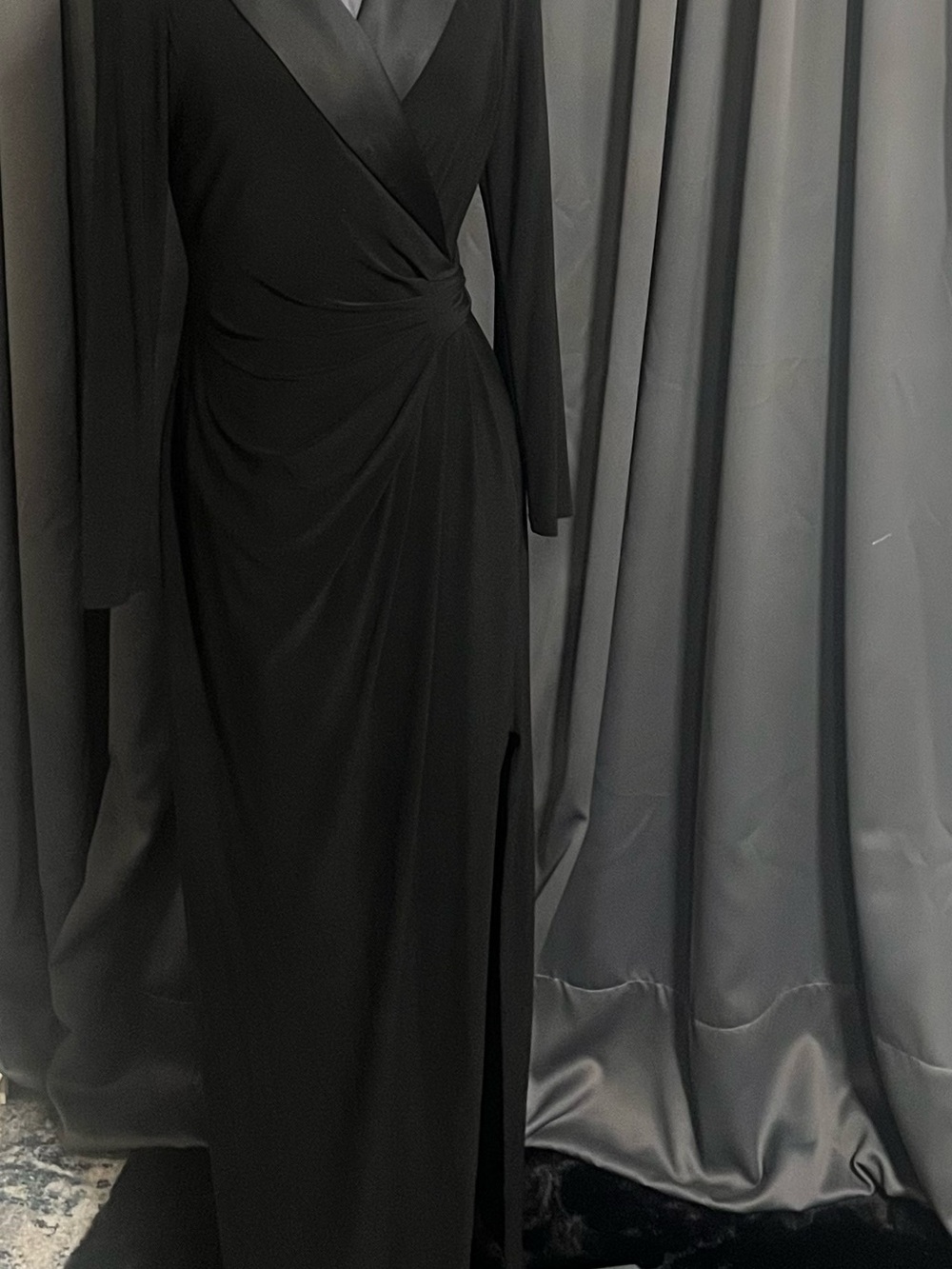 Ralph Lauren Black Long-Sleeve Faux Wrap Maxi Evening Gown Dress